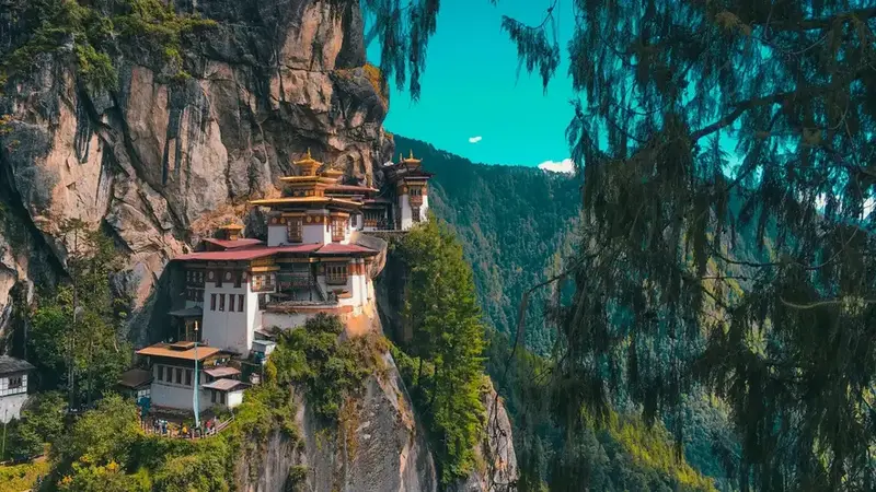 Tiger's Nest Monastery (Paro Taktsang) perched on a cliffside in Bhutan
