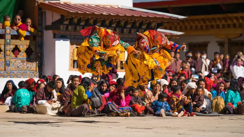 Mask Dance Performance during Punakha Drubchen Festival in Bhutan