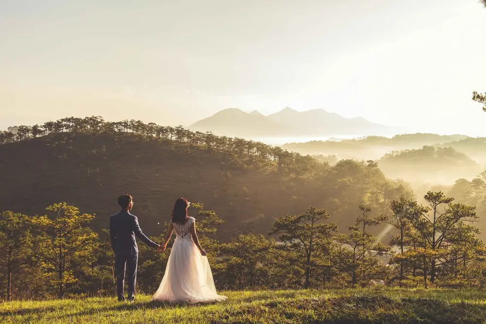 Picture of a couple holding hands and looking at a distant sunset