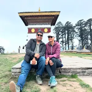 Amit and Tara at Dochula Pass, Bhutan enjoying the scenic view