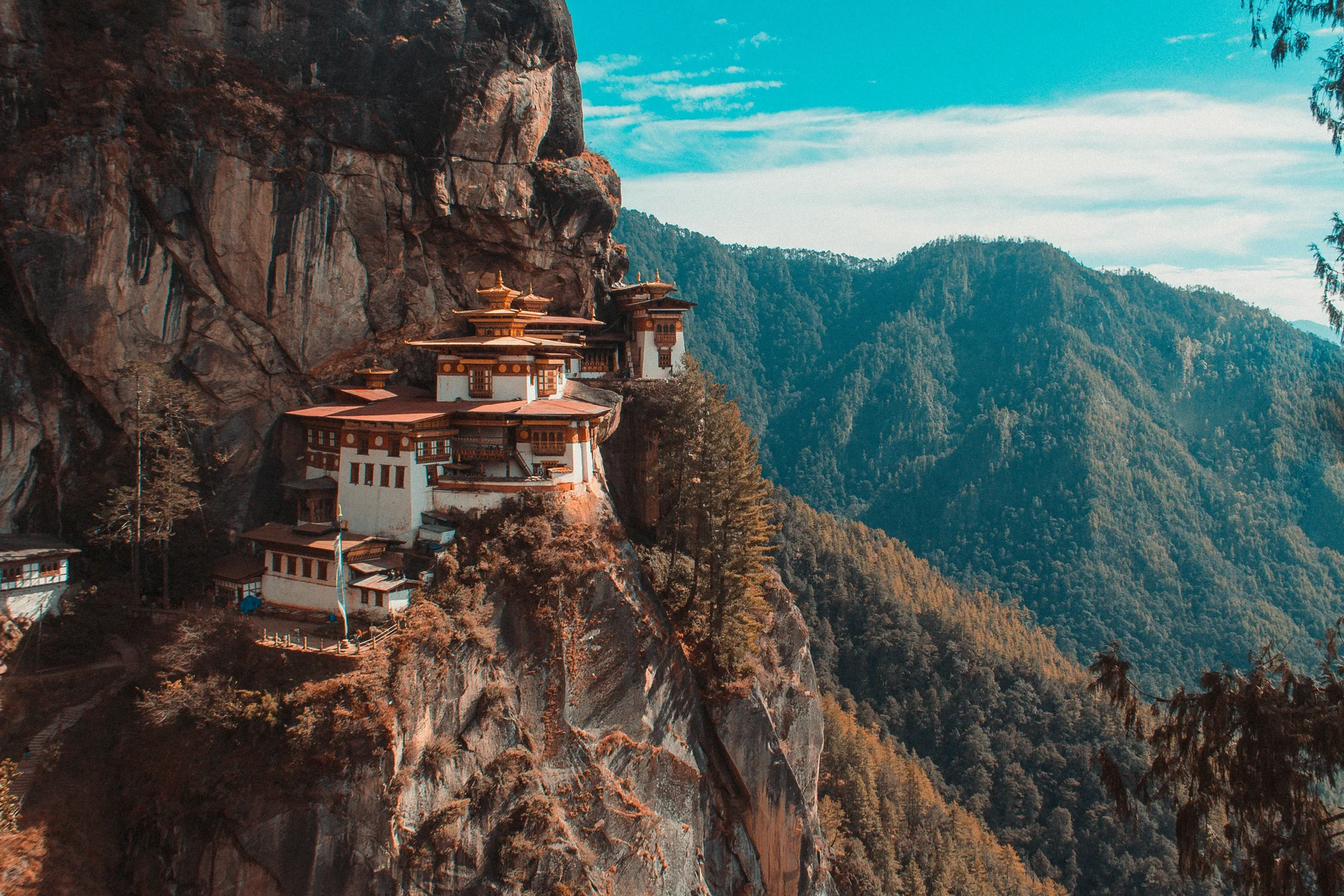 Paro Taktsang (Tiger's Nest) monastery perched on a cliff in Bhutan