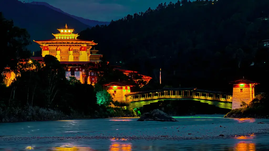 Night view of Punakha Dzong fortress in Bhutan