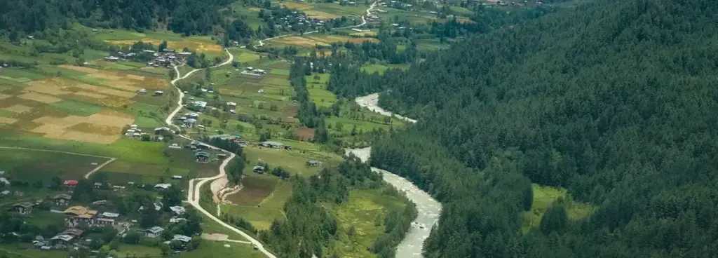 Aerial view of a scenic valley in Bhutan