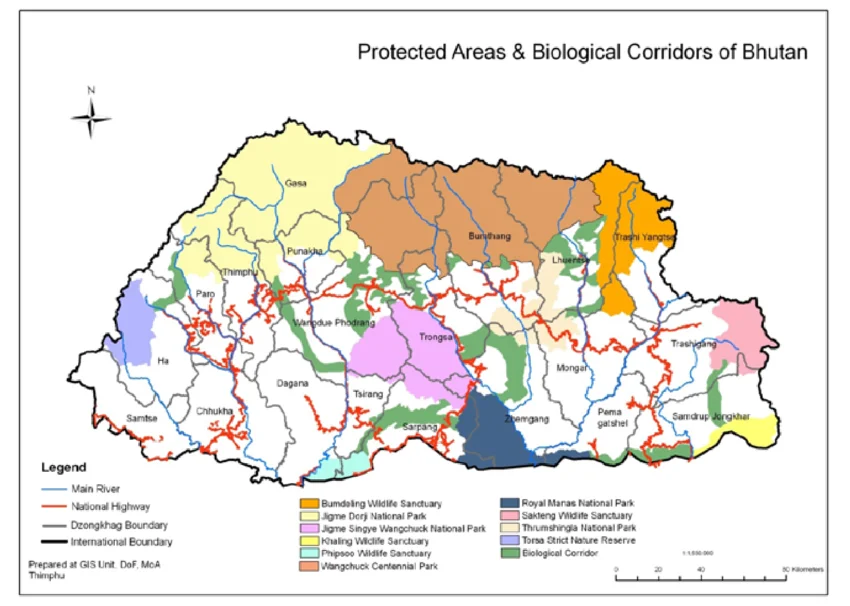 Jigme Dorji National Park: Second Largest Protected Area in Bhutan - Map of the protected areas and biological corridors of Bhutan large