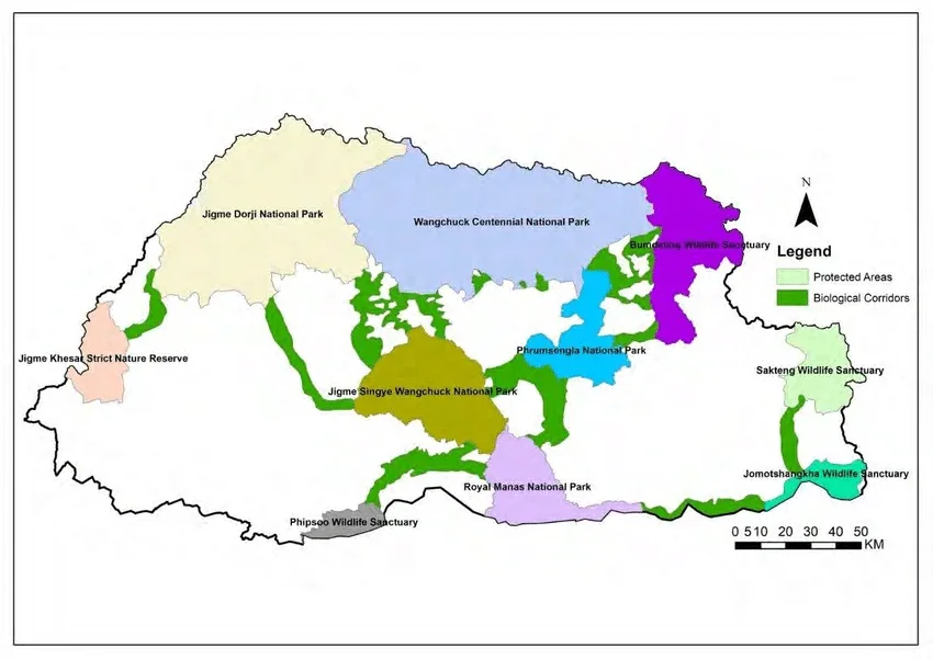 Jigme Dorji National Park: Second Largest Protected Area in Bhutan - Map showing protected areas of Bhutan large