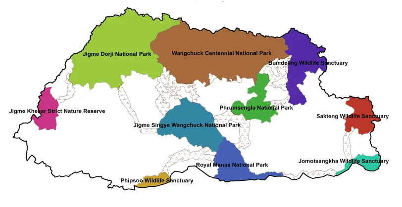 Bhutan Map showing the Protected areas of Bhutan