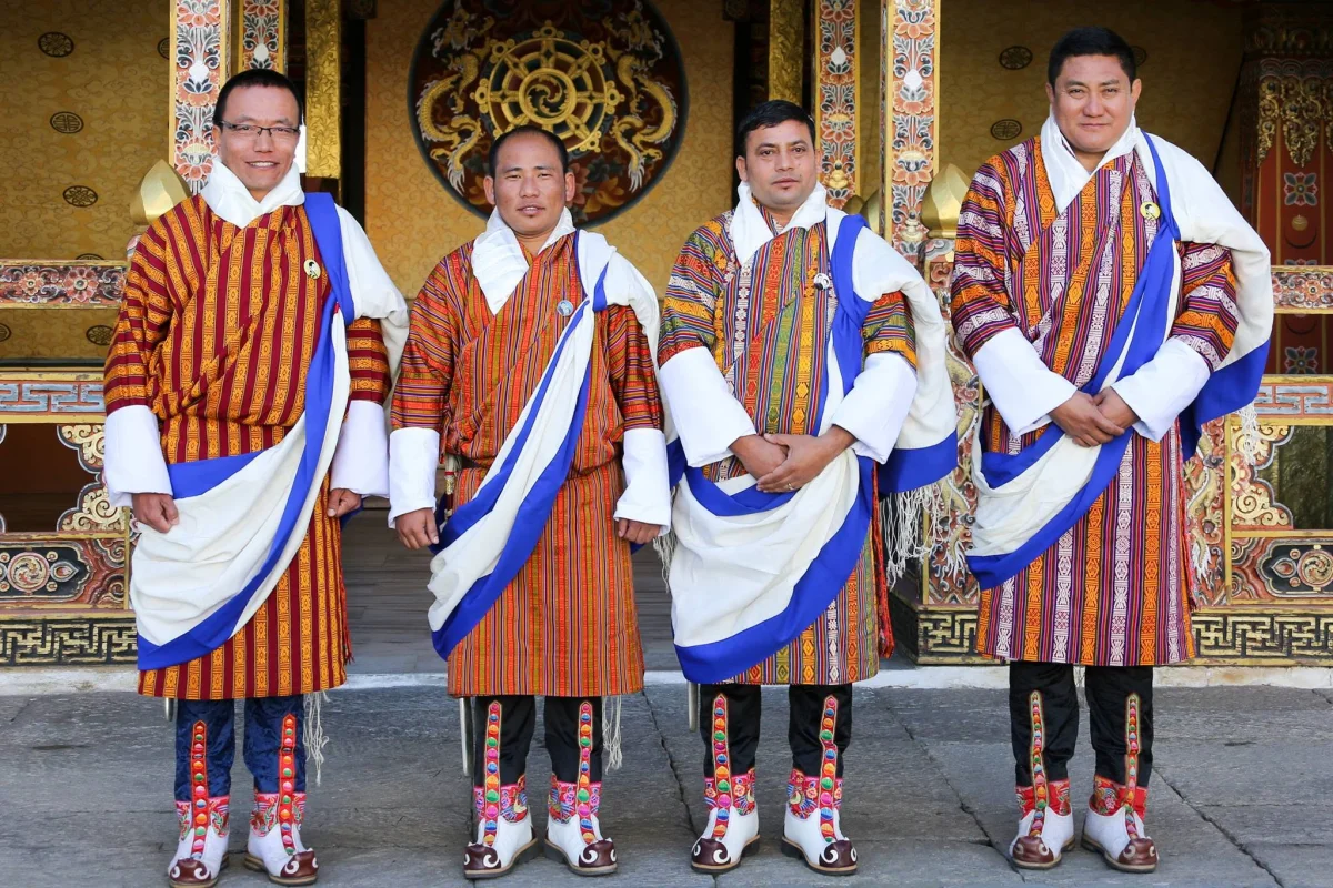 Bhutan's National Dress - Gho and Kira - bhutanese men wearing national dress and coloured kabney large