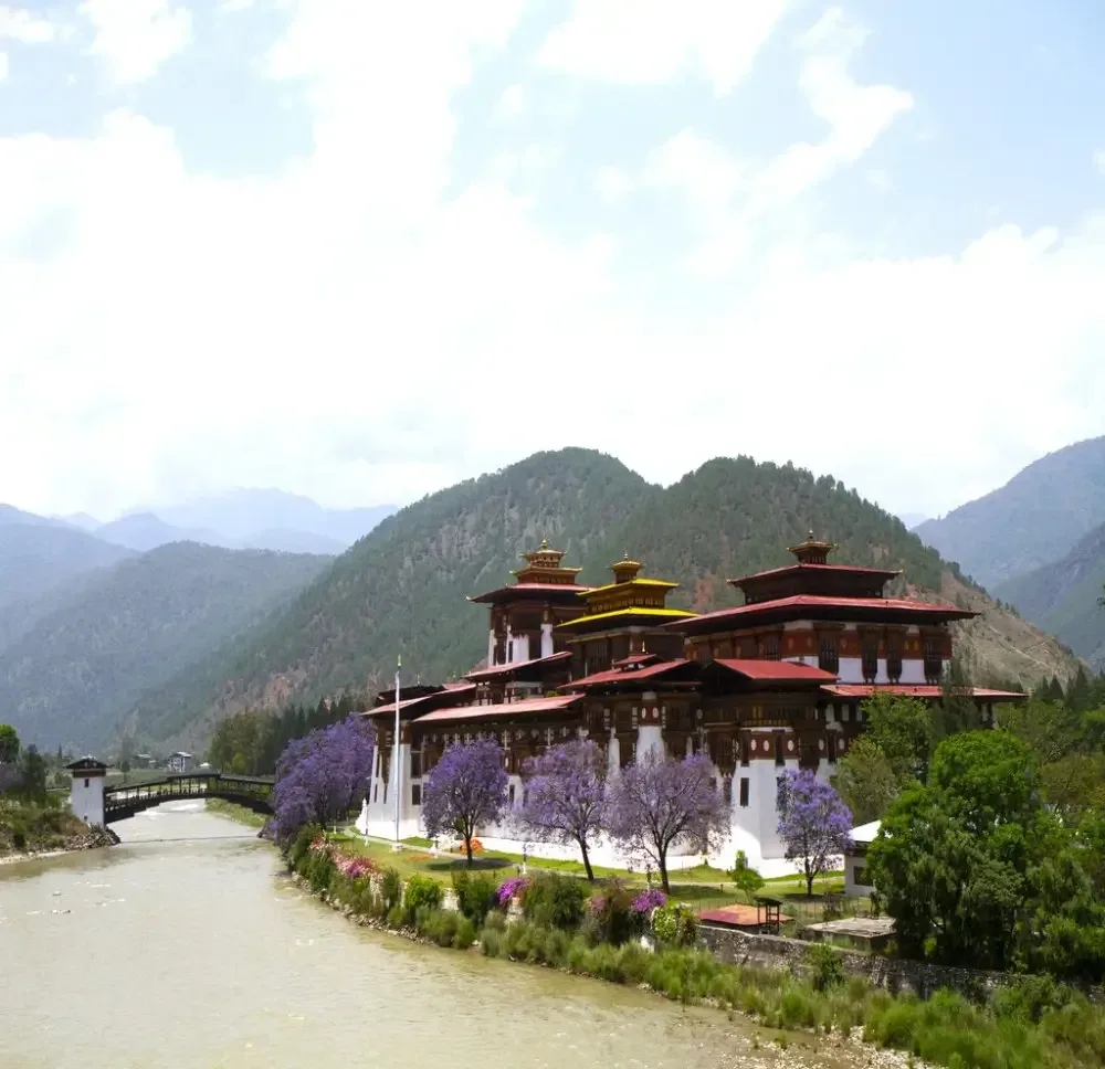 Punakha Dzong — the Palace of Great Happiness — reflected in the Pho Chhu river at the confluence of two rivers in Punakha, Bhutan