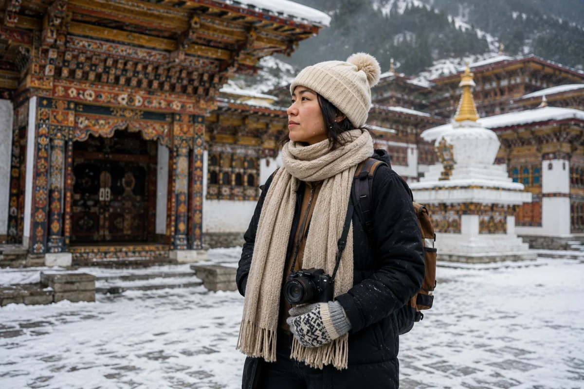 Bhutan Packing List: What to Wear & Bring for Every Season - tourist dressed warmly in a snowy weather large