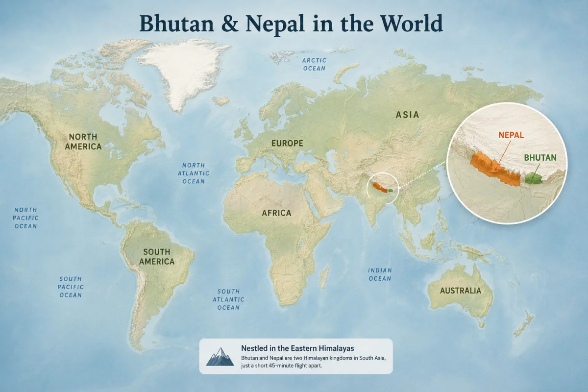 Bhutan vs Nepal: Which Himalayan Kingdom Should You Visit? - world map showing bhutan and nepal large